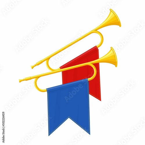 Golden horn trumpets musical instruments isolated on white background. Royal fanfare with triumphant flag for play music. Vector illustration