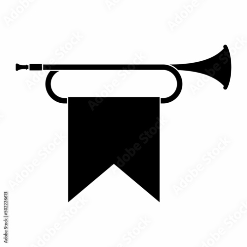 Horn trumpet icon musical instrument isolated on white background. Royal fanfare with triumphant flag for play music. Vector illustration photo
