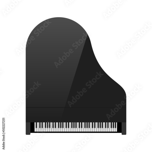 Classical black grand piano with open keyboard isolated on white background. Top view of artistic musical instrument art entertainment hobby. Vector illustration