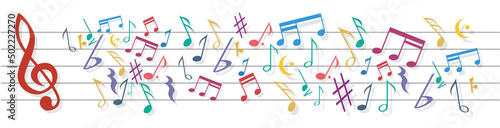 Musical staff with massed colored notes. The chaos of music, out of tune. Vector banner and pattern