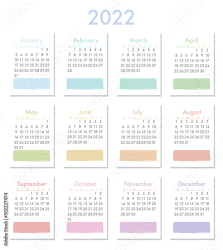 The template of the monthly calendar for 2022. The week starts on Monday. Calendar in a gentle minimalist style.