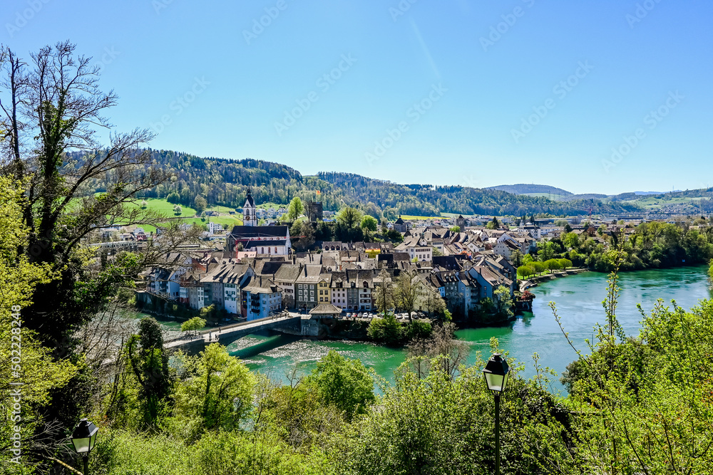 custom made wallpaper toronto digitalLaufenburg, Schlossberg, Kirche, St. Johann, Altstadt, Altstadthäuser, Ruine, Laufenbrücke, Rhein, Rheinufer, Uferweg, Frühling, Schweiz, Deutschland
