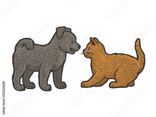 puppy and kitten line art color sketch engraving raster illustration. T-shirt apparel print design. Scratch board imitation. Black and white hand drawn image.