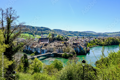 Wallpaper Mural Laufenburg, Schlossberg, Kirche, St. Johann, Altstadt, Altstadthäuser, Ruine, Laufenbrücke, Rhein, Rheinufer, Uferweg, Frühling, Schweiz, Deutschland Torontodigital.ca