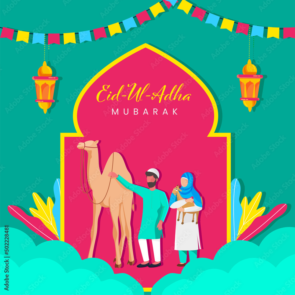 Eid-Ul-Adha Mubarak Poster Design With Cartoon Islamic Couple Holding Goat, Camel On Pink And Green Background.