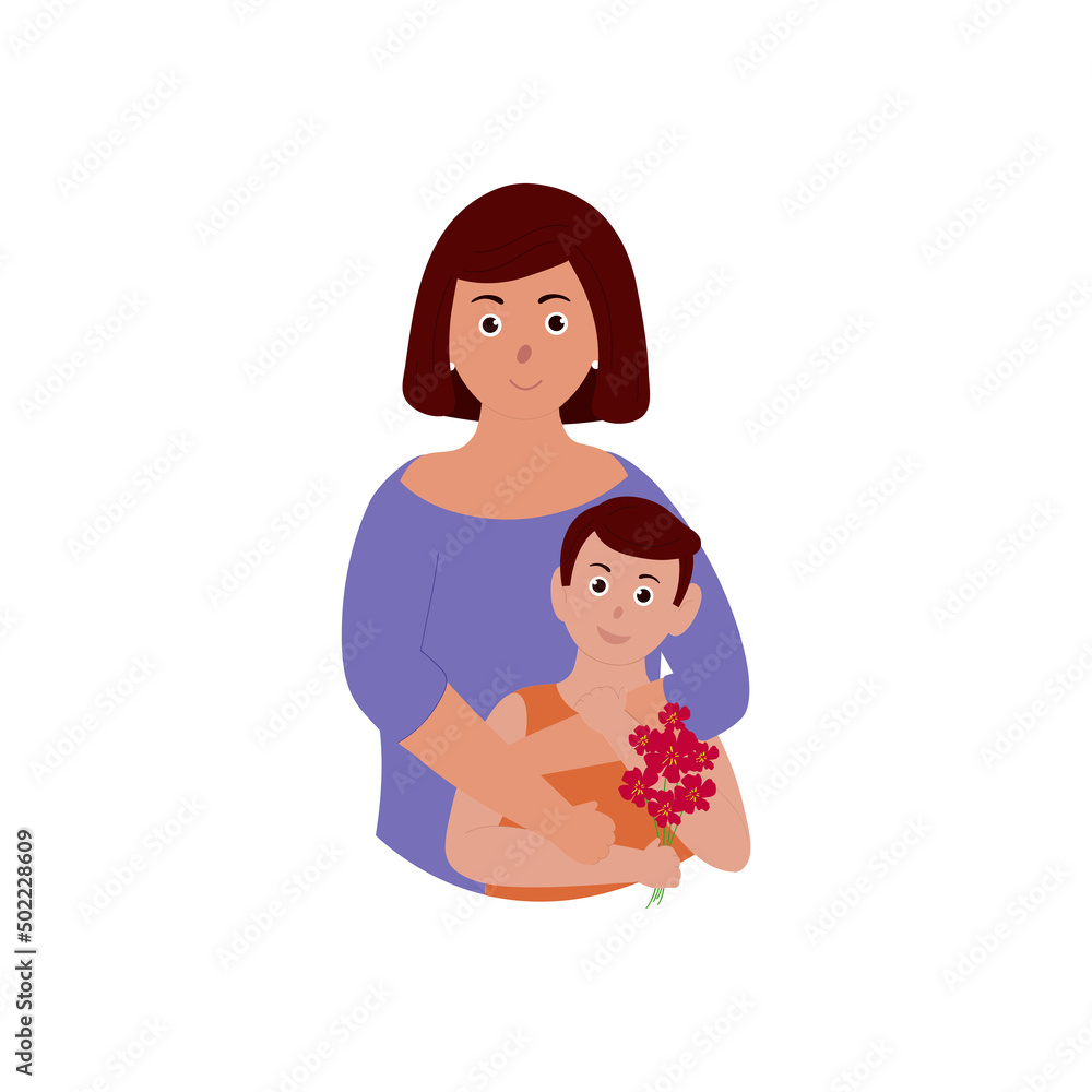 Modern Young Lady With Little Boy Holding Flowers On White Background. Modern Young Lady With Little Boy Holding Flowers On White Background.