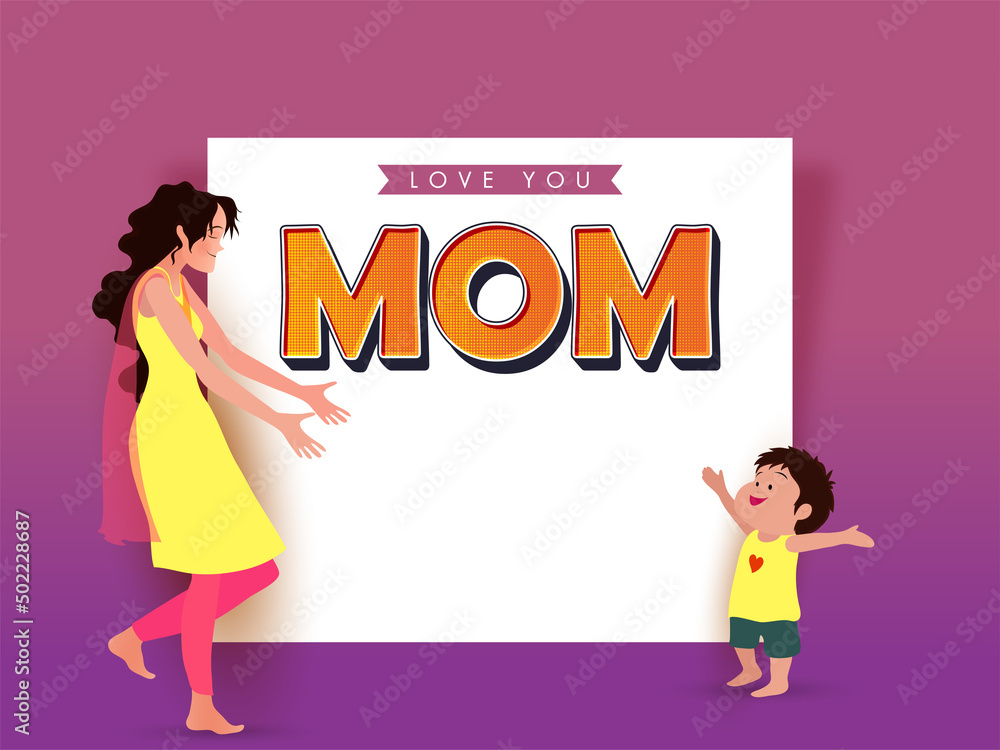 Love You Mom Font Over White Paper With Young Lady Saying Come Here My Son On Pink And Purple Background.
