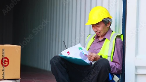 Elderly asian Senior dock worker working at Cargo container yard. Inspec stock product in container box. cargo shipping container box in logistic shipping yard photo