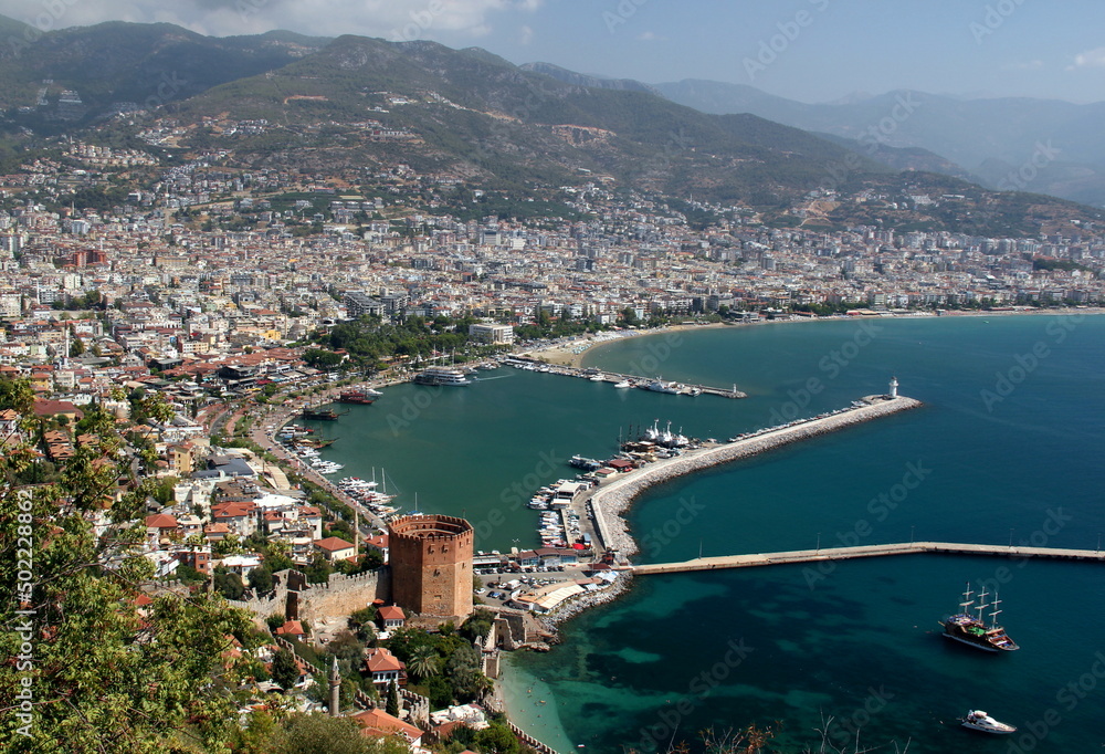 Panoramic view of the city of Alanya and the Mediterranean coast in southern Turkey