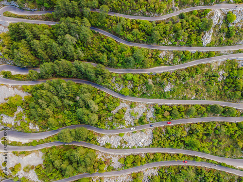 Aerial view on the Old Road serpentine in the national park Lovcen, Montenegro