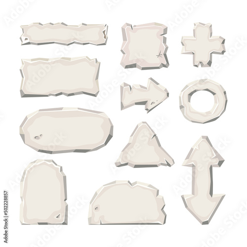 Stone sign board set, UI rock button collection isolated on white background. Rectangle, round tablet. Gray cracked oval boulder panel, arrow, plus. Interface stone button, mobile app element. Vector