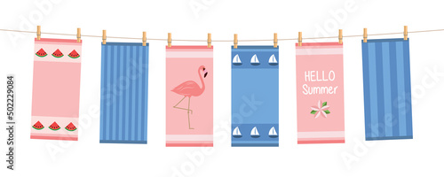happy summer holiday banner with colorful hanging towels isolated on white