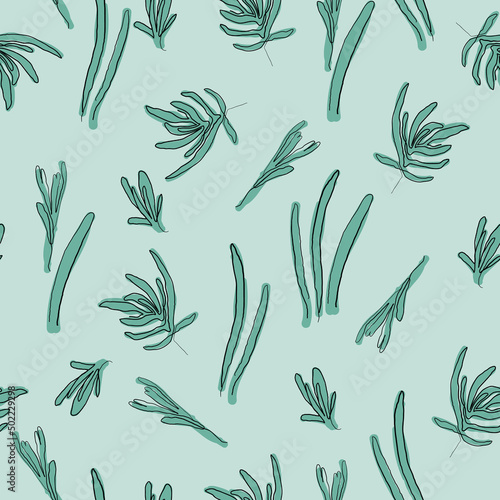 Vector green leaves lavender seamless pattern background.