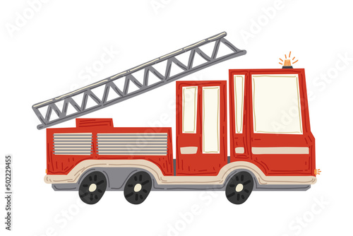 Fire truck, a cute cartoon illustration for kids. Vector flat design of city transport, side view. Design for education, website, clothing, stickers, stationery, posters, postcards, and nursery. 
