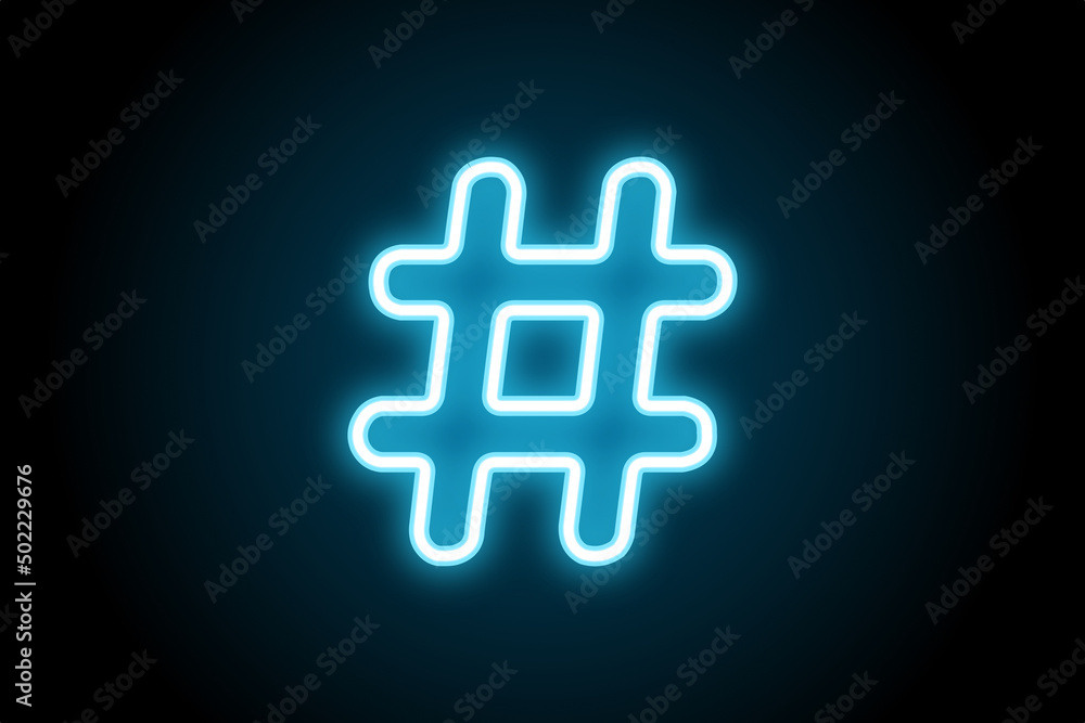 Fototapeta premium Blue neon hashtag icon on dark background, glowing hash symbol, social media tag, trending topic sign, online marketing concept, digital network symbol, luminous typography, modern neon design