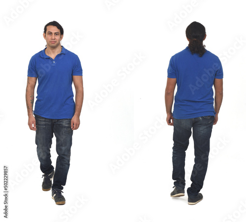 back and front view of a walking man with ponytail on white background