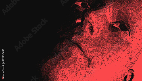 Illustration of an man's face created from small particle. Pixel art. 3D vector design for banner, flyer, poster, cover or brochure.