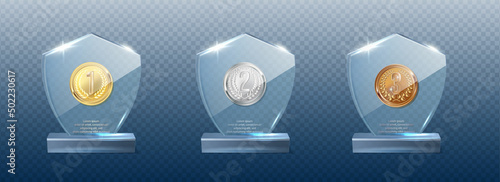 3d realistic vector icon set. Glass crystal trophy with gold, silver and bronze medals. Isolated on transparent background.