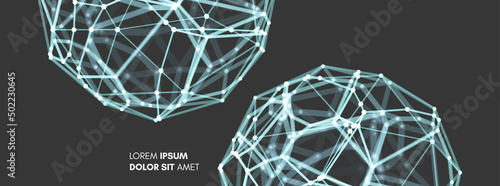 Scientific illustration with connected lines and dots. Sphere. 3d wireframe object. Luminous microscopic forms. Glowing grid. Connection structure. Vector for banner, poster, cover or brochure.