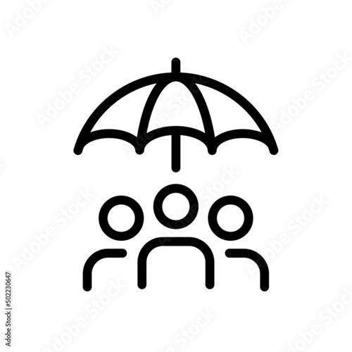 Peoples under umbrella. Protection, safety, insurance symbol. Icon vector illustration in outline style