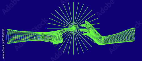 Set of 3D low-poly hand models made of polygonal wireframe. Collection of futuristic style illustrations.