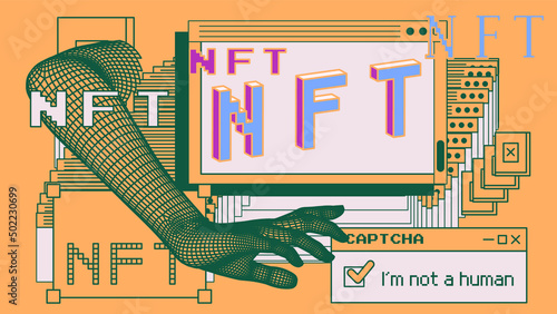 Computer screen with of user interface elements. Conceptual illustration of the NFT or Non-fungible token.