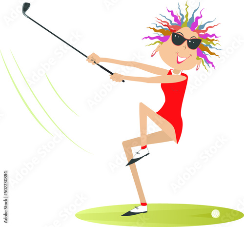 Cartoon golfer woman on the golf course illustration. Funny golfer woman in sunglasses with a golf club tries to do a good shot isolated on white background