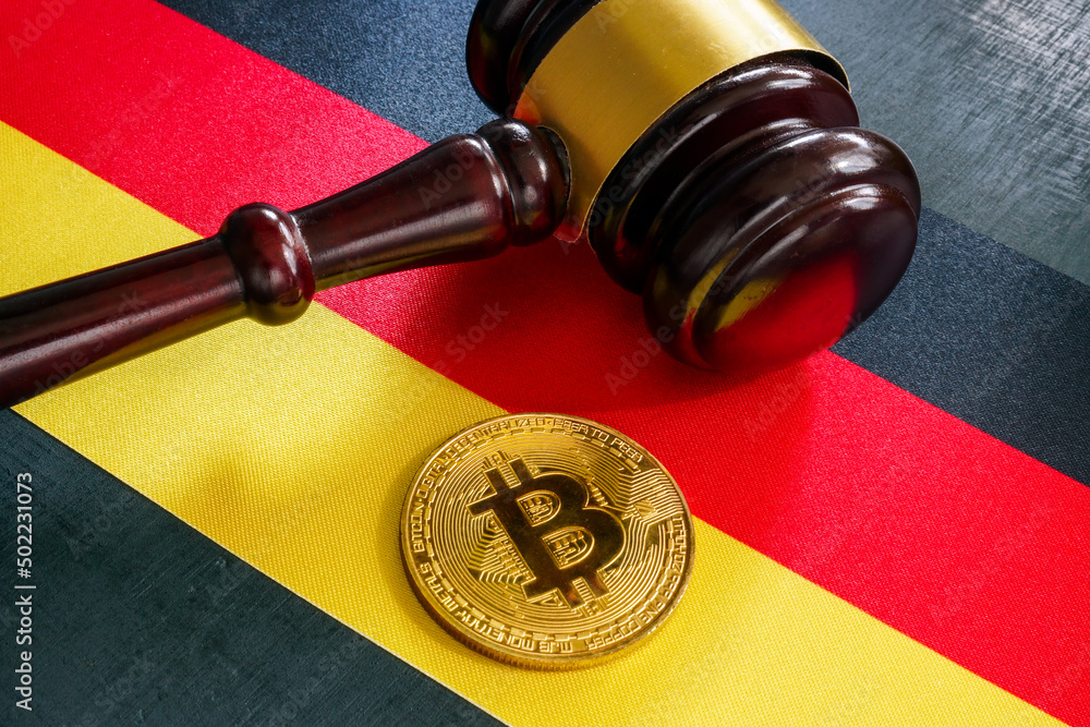 Flag, gavel and coin. Cryptocurrency regulations in Germany. - obrazy, fototapety, plakaty 