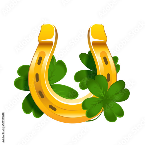 Vector realistic golden horseshoe with quatrefoil clover. Symbol of luck isolated on white background