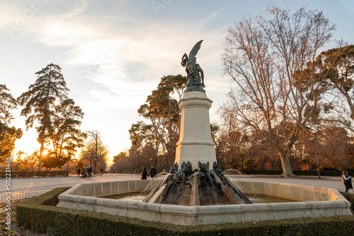 Madrid, Spain. The Fuente del Angel Caido (Monument of the Fallen Angel), a fountain located in the Buen Retiro Park