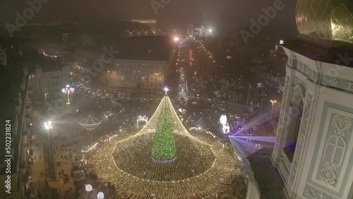 Aerial view in Ukraine's main Christmas tree is situated in Sofiiska Square near Saint Sophia Cathedral, Kyiv, capital of Ukraine.  photo