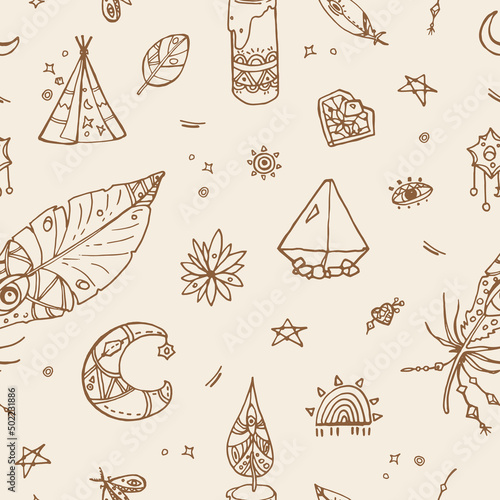 Boho Style seamless vector Pattern. Feathers, hearts, magical crystals and different objects. Cartoon style. For Textile or Print design.