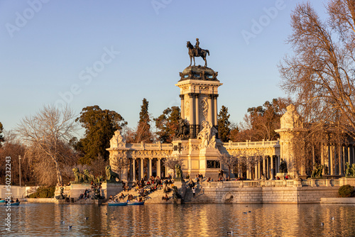 Madrid, Spain. Monument to King Alfonso XII in Buen Retiro Park (El Retiro), situated on the east edge of an artificial lake near the center of the park