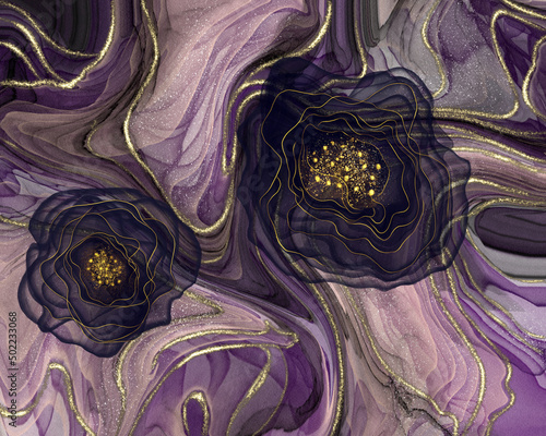 abstract texture with golden lines and alcohol ink with dark blue flowers