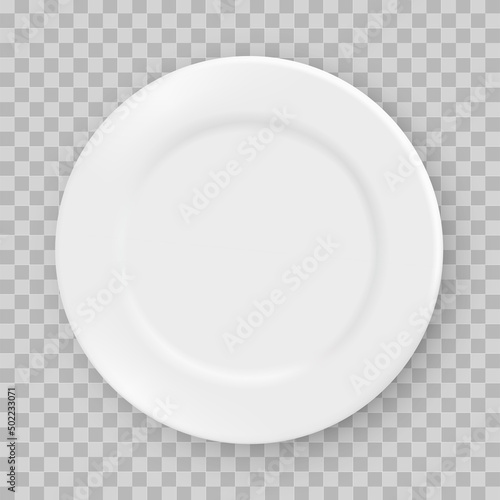 White dish plate isolated on transparent background. Kitchen dishes for food, kitchen, porcelain dishware. Vector illustration for your product.