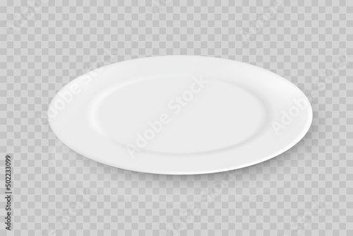 Vector 3d realistic white blank porcelain, ceramic plate icon closeup isolated on transparent background. Design template for layout. Front, top, side view