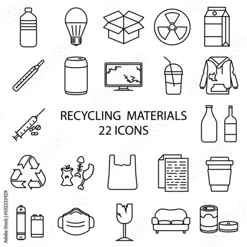 Set of various garbage. Recycling vector icons. Sorting Garbage