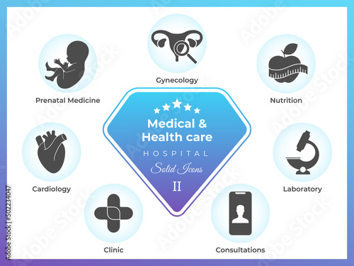 Medical, Healthcare & Hospital Solid icons set, flat vector illustration isolated on white background of prenatal medicine, gynecology, nutrition, cardiology, laboratory, clinic,online consultations