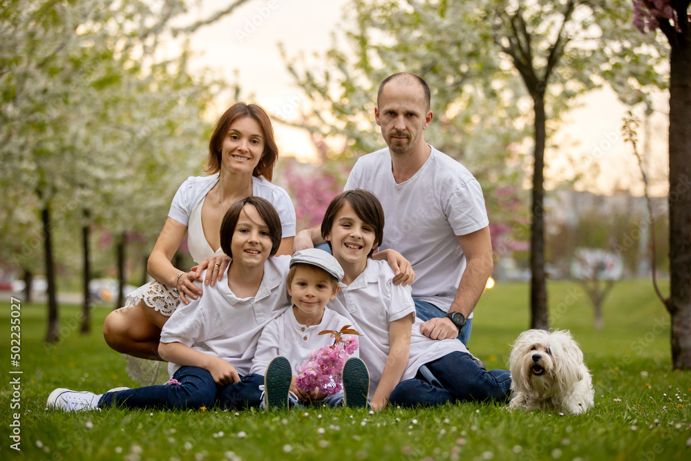 Obraz premium Beautiful family with kids, mom, dad, three boys and a dog, playing in park together
