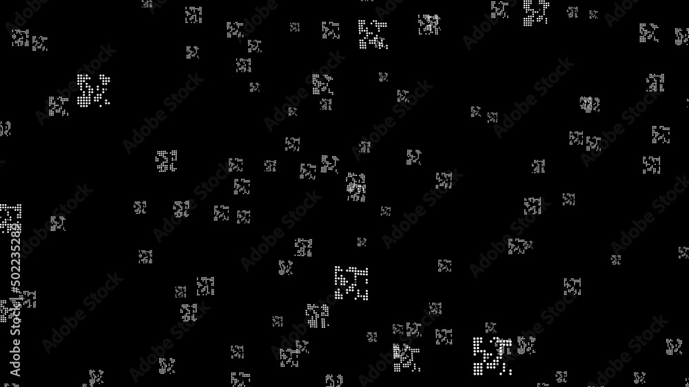 Abstract irregularly shaped particles in free random flight in outer space. 3D. 4K. Isolated black background.