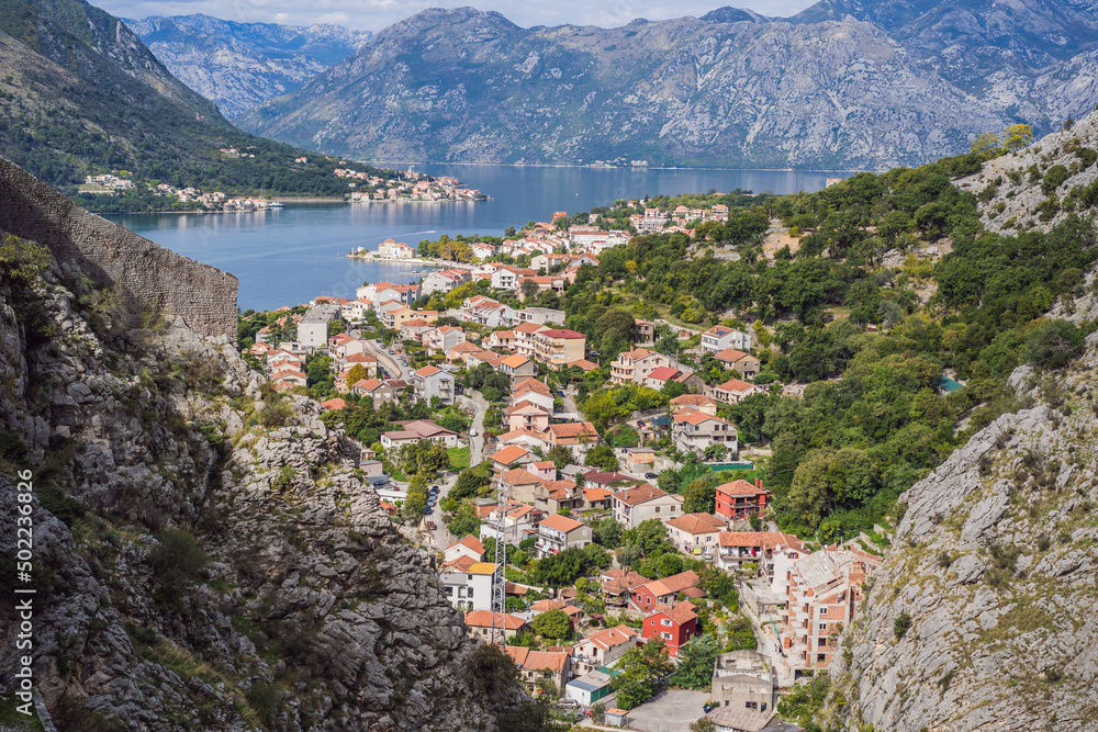 Montenegro. Bay of Kotor, Gulf of Kotor, Boka Kotorska and walled old city. Fortifications of Kotor is on UNESCO World Heritage List since 1979