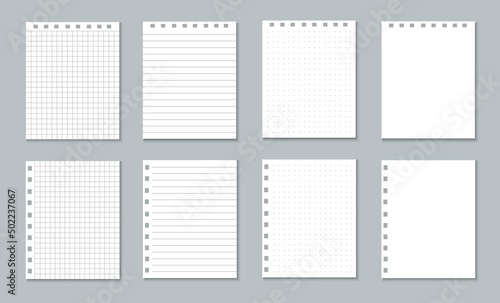 White paper pages of a tear-off notebook. Sheets in a cage and a ruler for a notebook with a spiral. Realistic blank mockup with shadow. Vector illustration on a gray background.