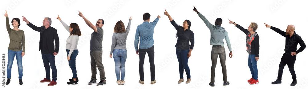 group of people pointing on white background group of people pointing on white background
