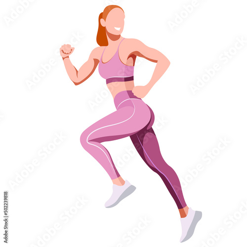 vector illustration of a beautiful slender girl in a sports uniform (leggings and a sports bra) is engaged in fitness, sports, trains isolated on a white background. woman runs. morning run. jogging