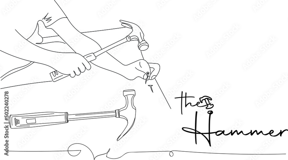 Outline sketch drawing of hammer in hand, hammer logo, line art