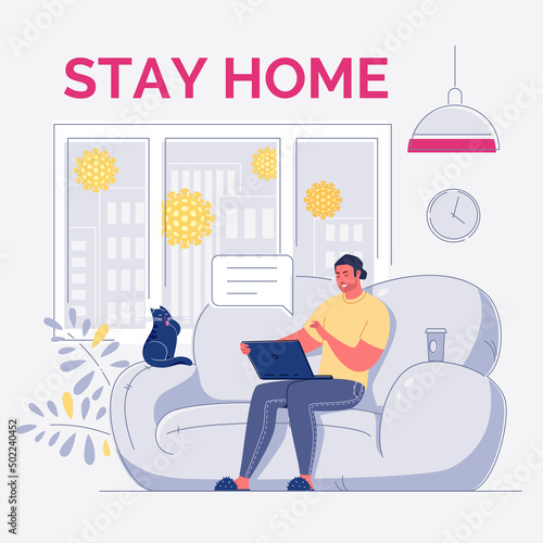 Young man is sitting on sofa with laptop, coffee and cat. Concept of free independent lifestyle - remote, freelance work, online training, anytime and anywhere. Flat cartoon vector illustration.