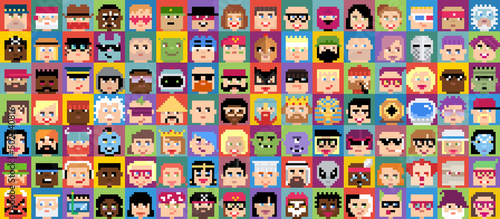 Vector pixel avatars, heads in pixel-art flat design  photo