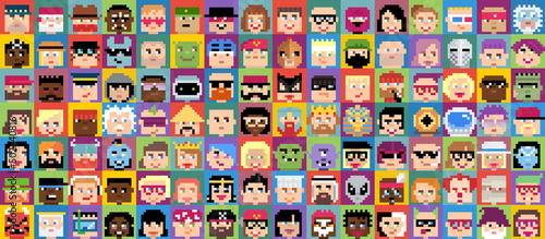 Vector pixel avatars, heads in pixel-art flat design 