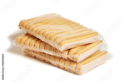 Italian cookie savoiardi (Lady Finger). Sweet biscuits. Sponge cookies for tiramisu isolated on white background.