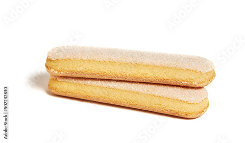 Italian cookie savoiardi (Lady Finger). Sweet biscuits. Sponge cookies for tiramisu isolated on white background.